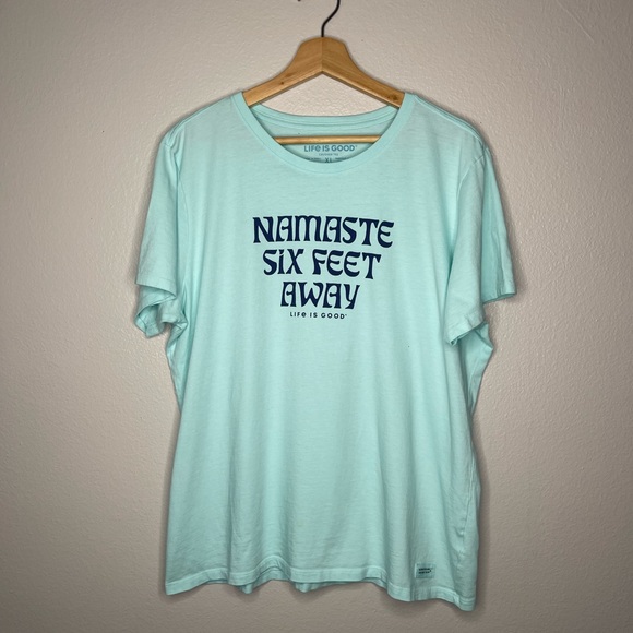 Life Is Good Tops - Life is Good Crusher Tee Namaste Six Feet Away Aqua Women's Tee Shirt XLarge